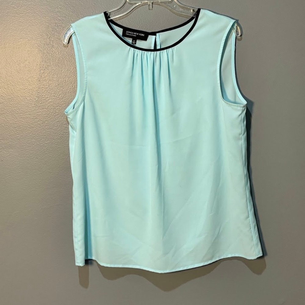 Jones New York Blouse Wmns 10 Blue Chiffon Sleeveless Shell Pleated Chic Office